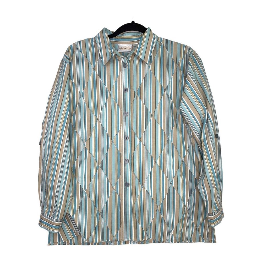 Napa Valley womens button down striped blue 3/4 sleeve collared blouse women med